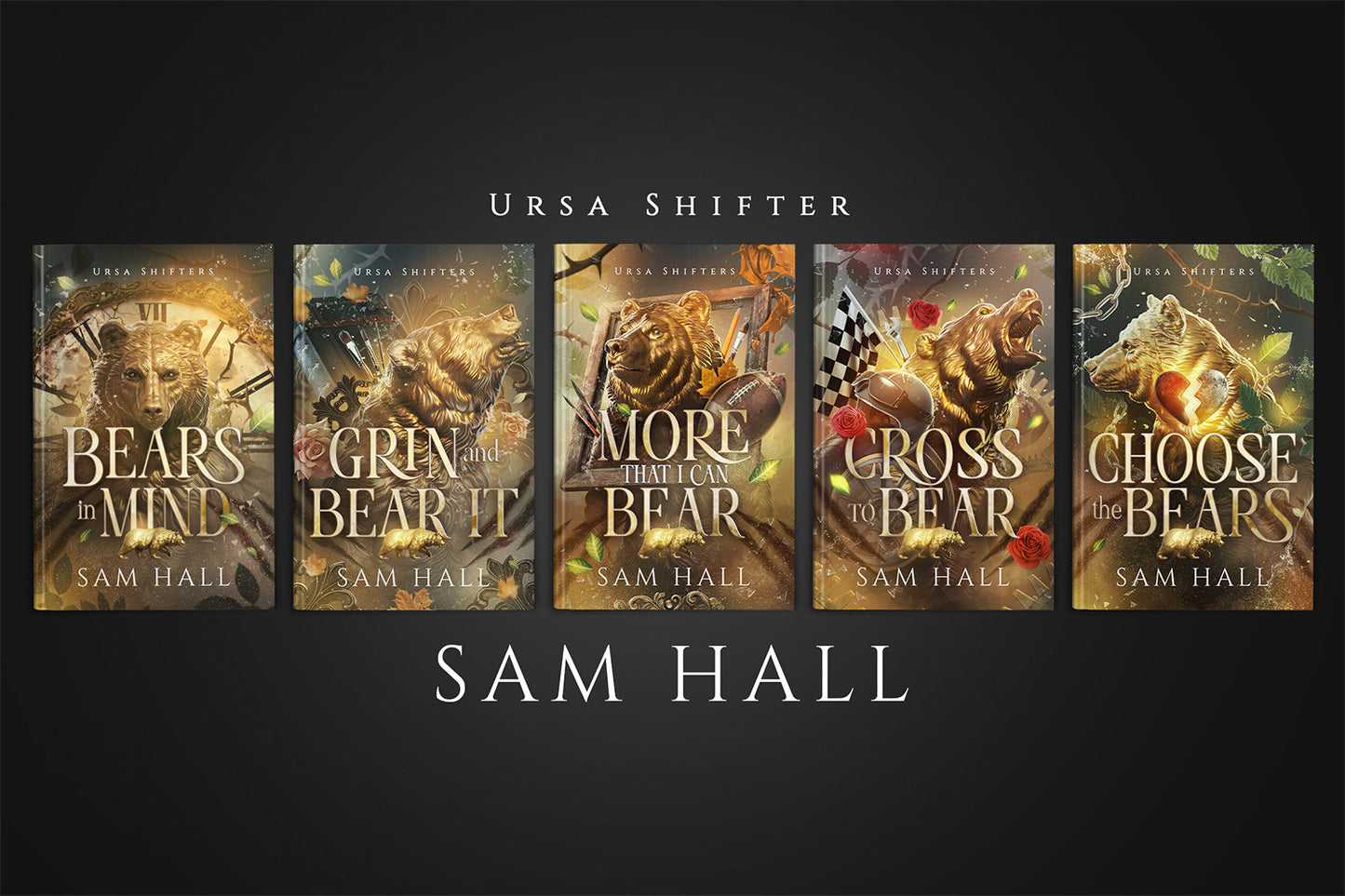 A book series titled 'Ursa Shifters' by Sam Hall, featuring five hardback books with gold foil illustrations on the covers.