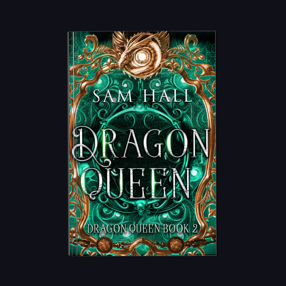 Cover of 'Dragon Queen' hardback edition featuring intricate dragon patterns and the title in a decorative frame.