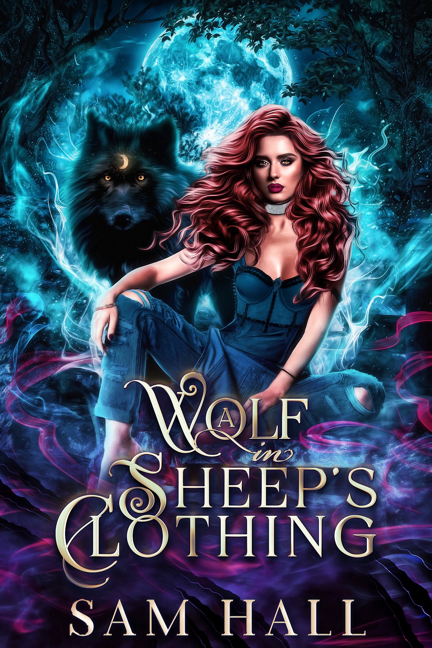 A book cover of 'Wolf in Sheep's Clothing' by Sam Hall, featuring a woman seated under a tree with a wolf's face in the background, and a dark, stormy sky above.