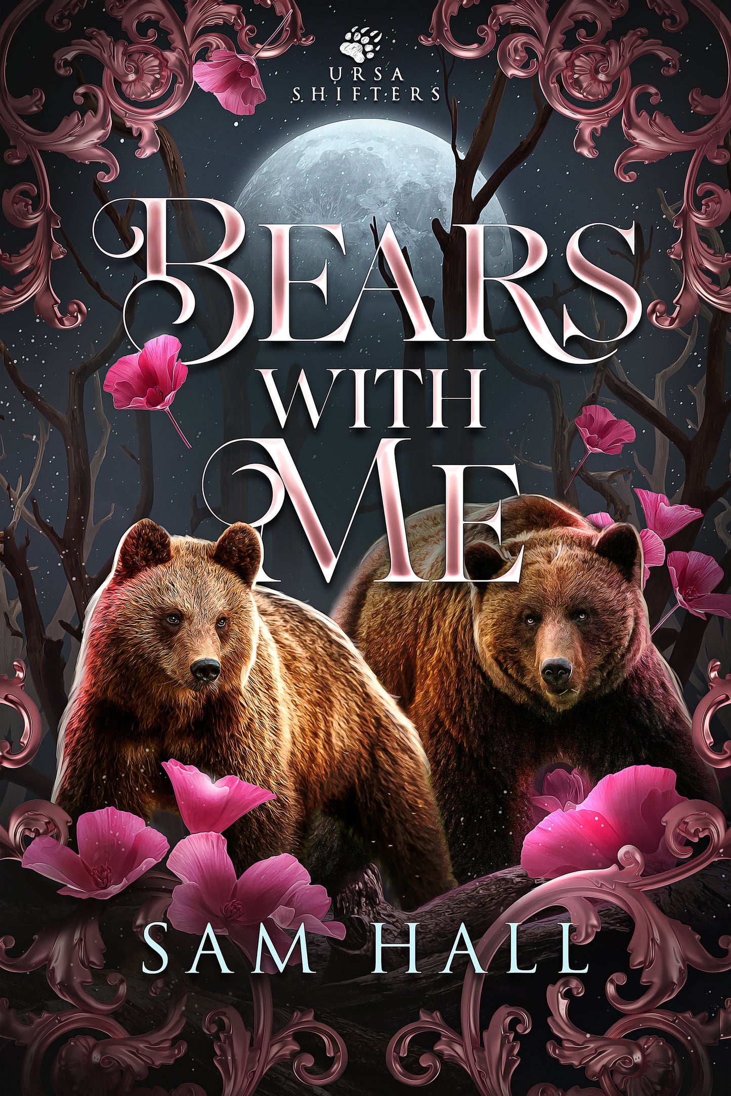 A book cover for 'Bears With Me' featuring two bears and pink flowers against a dark background.