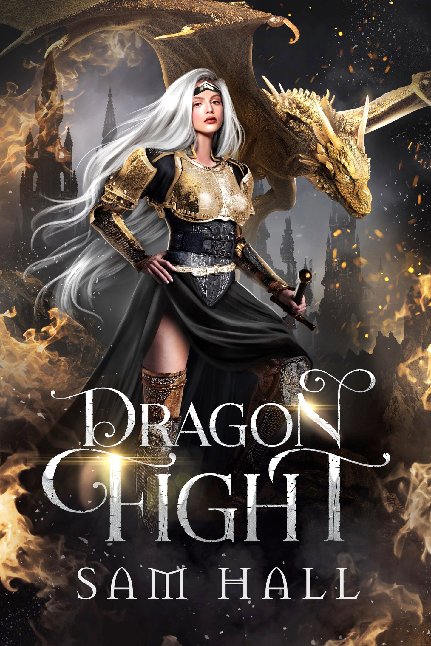 Book cover of 'Dragon Fight' by Sam Hall featuring a woman in a fantasy setting with a dragon in the background.