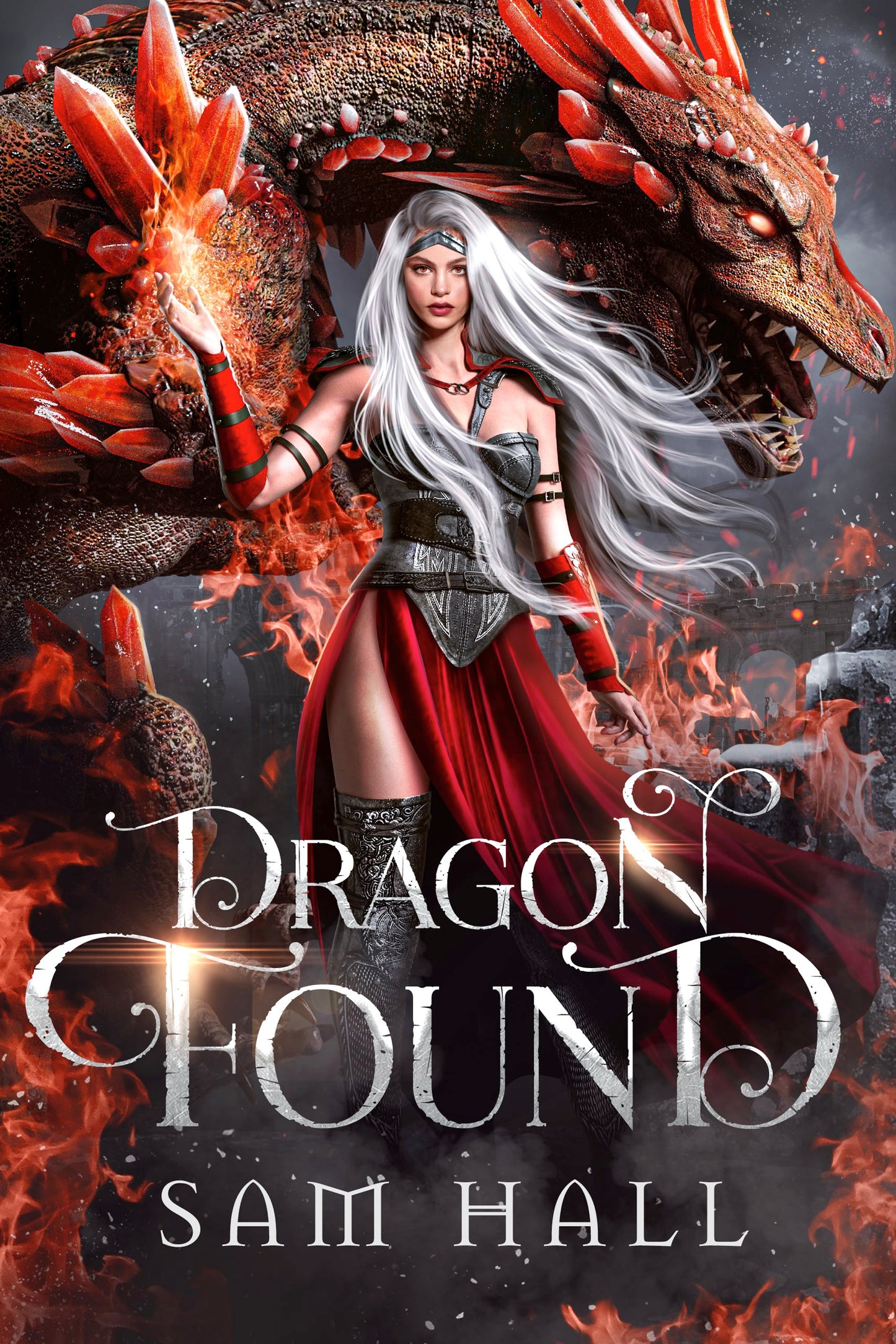 Book cover for 'Dragon Found' featuring an illustration of a woman in a red dress with a dragon behind her, with the title text overlaid.