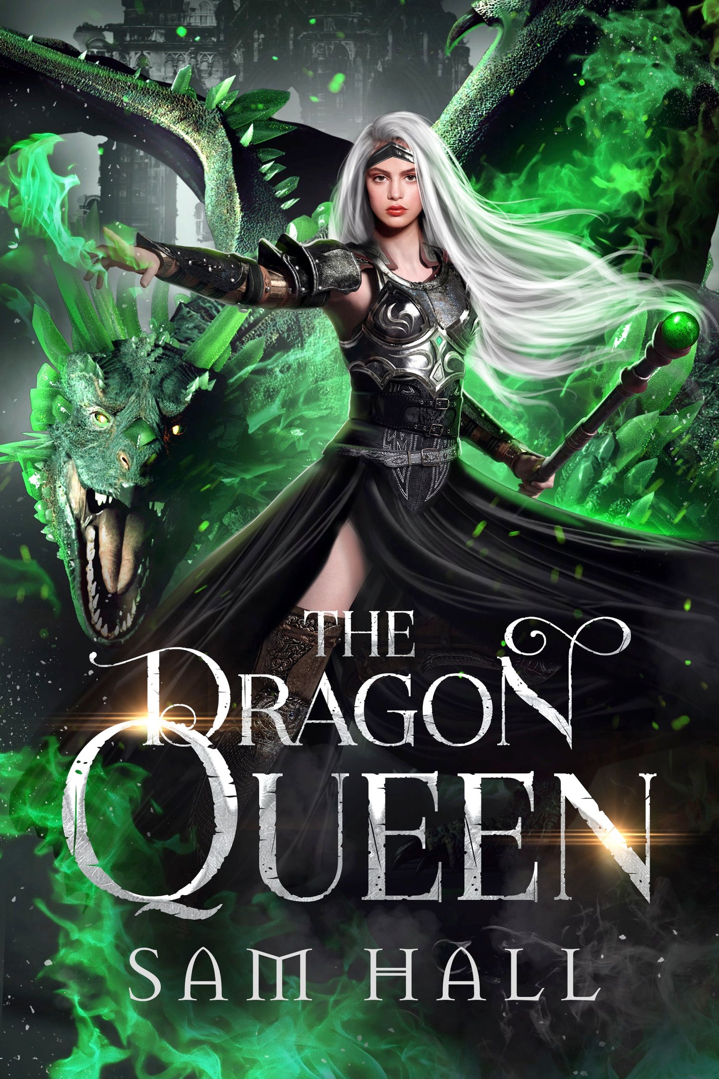 Cover of 'The Dragon Queen' featuring a woman in a black dress with a dragon behind her, set against a green and black background.