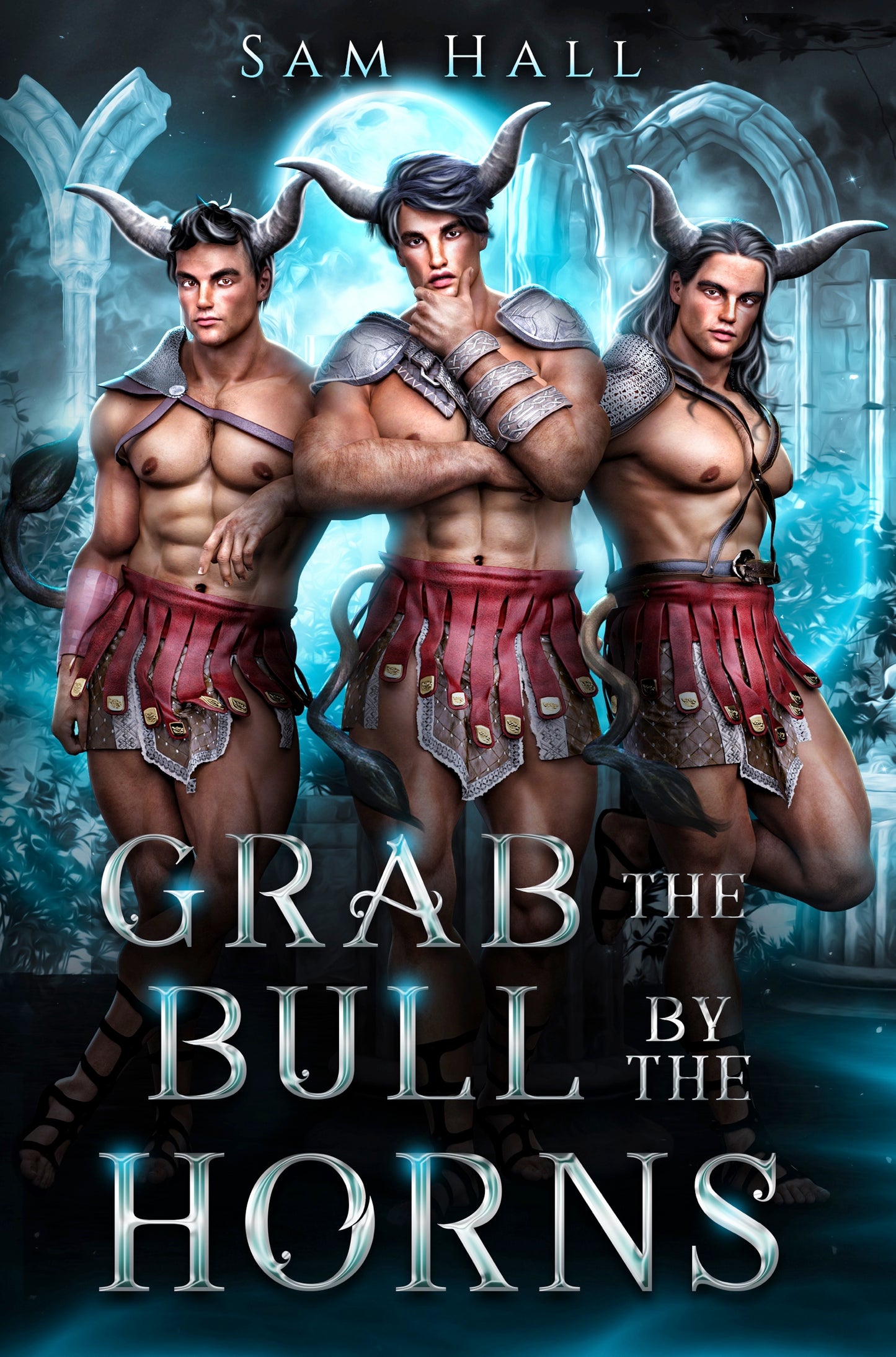 Cover of the book 'Grab The Bull By The Horns' featuring three stylized, muscular male figures wearing red and black armored costumes, with a dark, foreboding background.