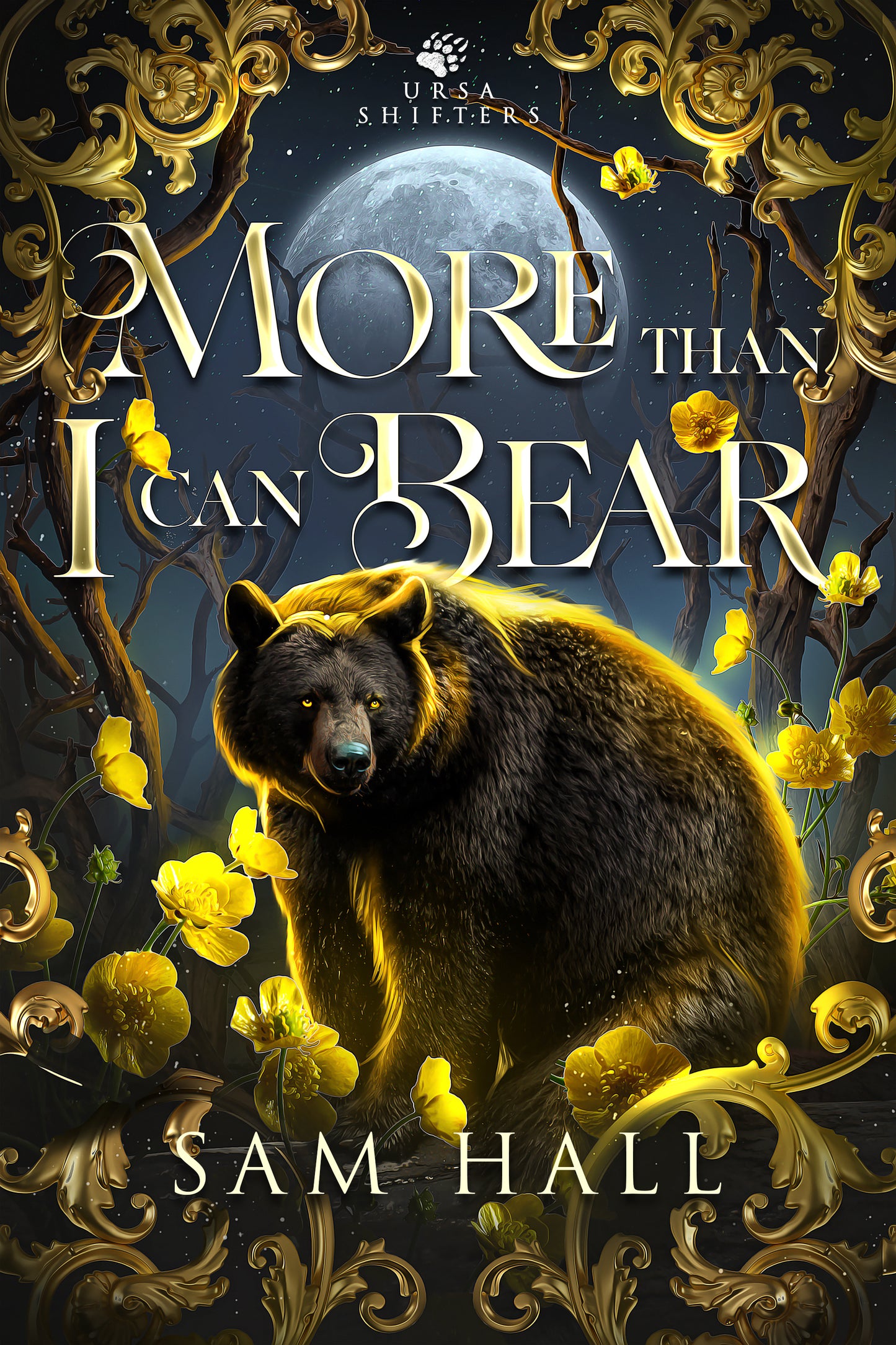 Cover of the book 'More Than I Can Bear' featuring a bear and moonlit forest scene with decorative elements.