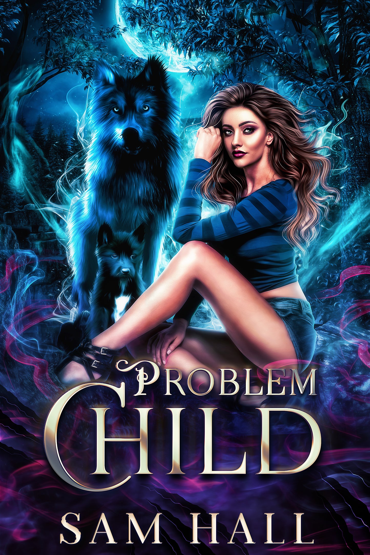 Book cover of 'Problem Child' featuring a woman sitting outdoors at night with a large dog, under a dark sky with a full moon.