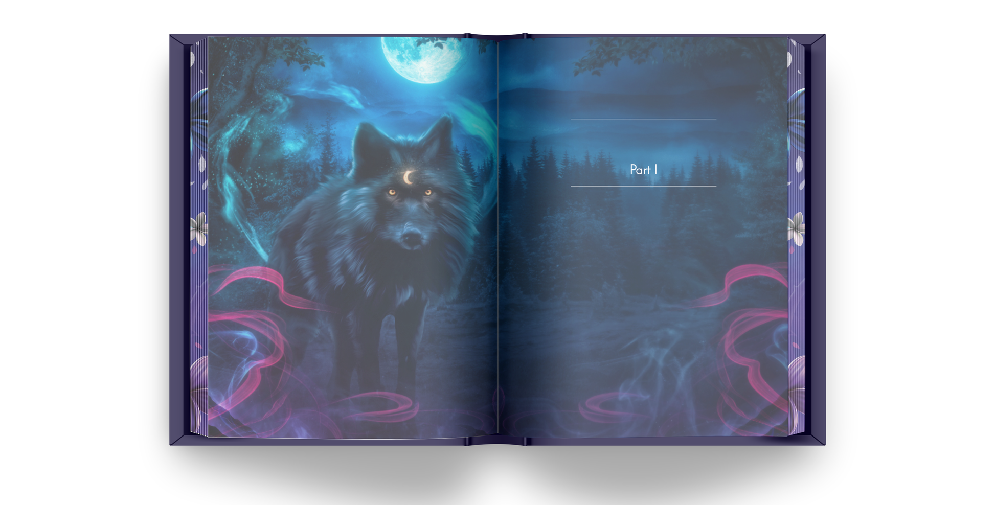 Open book with a wolf illustration on a dark blue background