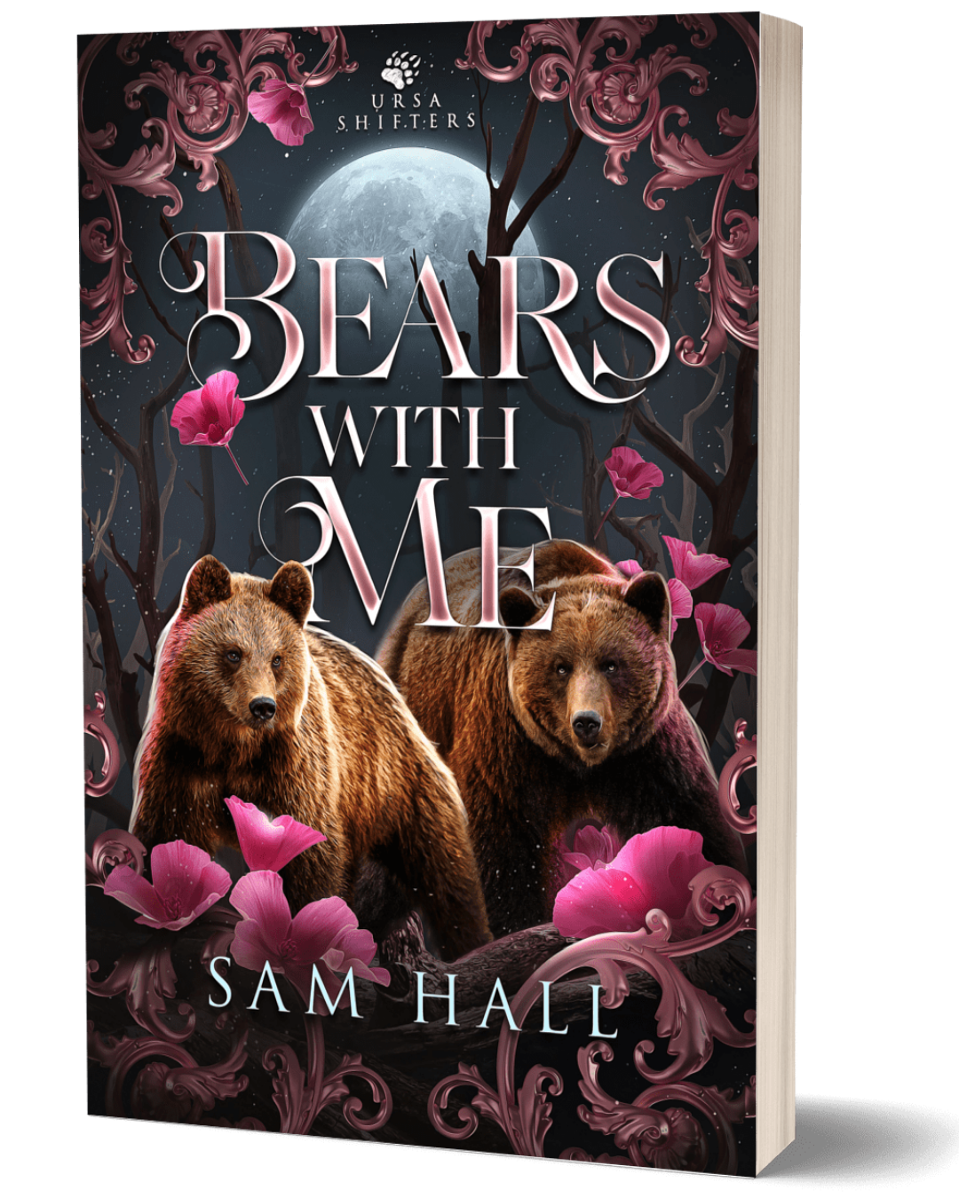 Book cover of 'Bears with Me' by Sam Hall featuring two bears and pink flowers against a dark background.