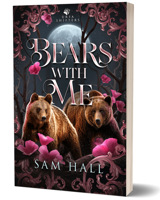 Book cover of 'Bears with Me' by Sam Hall featuring two bears and pink flowers against a dark background.