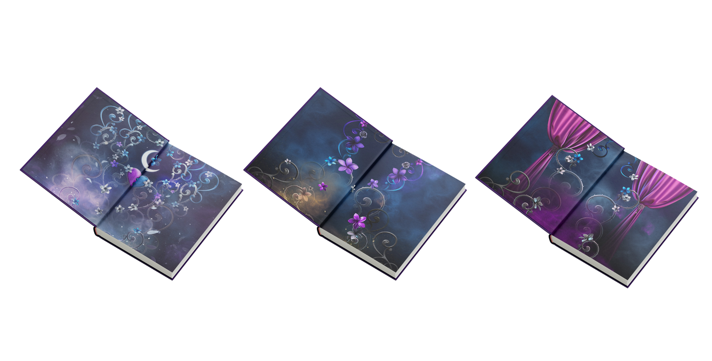 Three notebooks with a colorful, abstract design on a white background