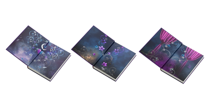 Three notebooks with a colorful, abstract design on a white background