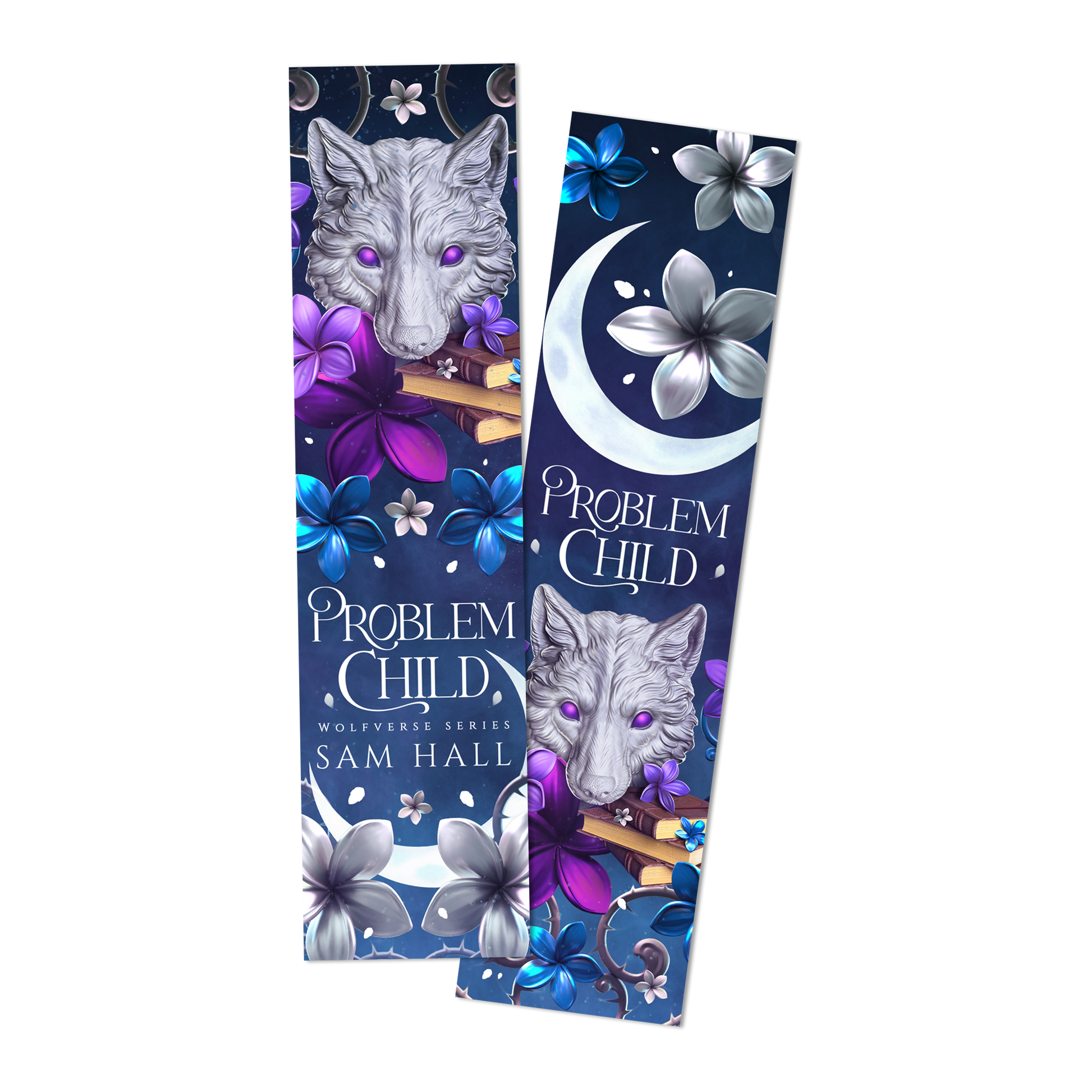 Bookmarks with wolf design and 'Problem Child' text on a white background