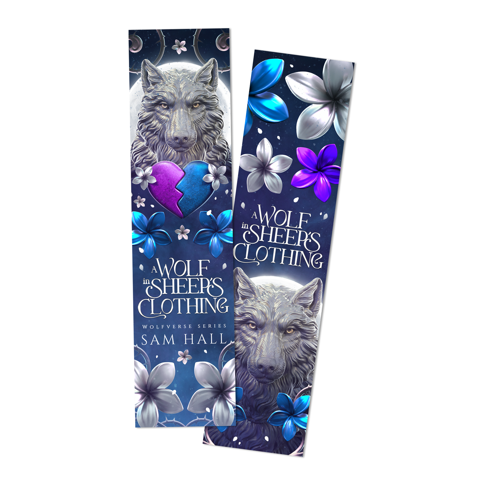Bookmark of 'A Wolf in Sheer's Clothing' with wolf illustration and floral design on a blue background.