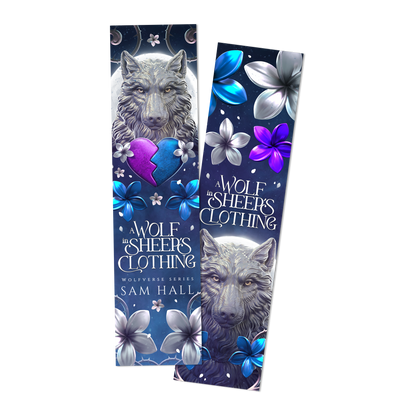 Bookmark of 'A Wolf in Sheer's Clothing' with wolf illustration and floral design on a blue background.