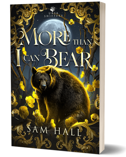 Book cover of 'More Than I Can Bear' by Sam Hall featuring a bear and decorative elements.