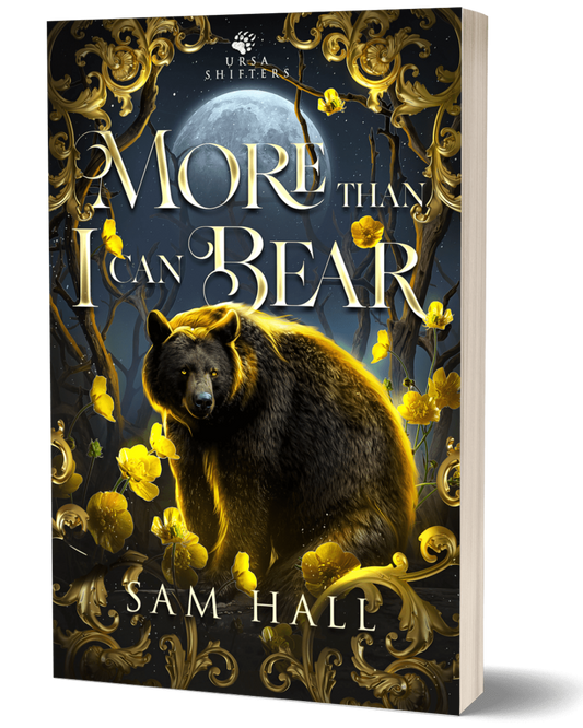 Book cover of 'More Than I Can Bear' by Sam Hall featuring a bear and decorative elements.