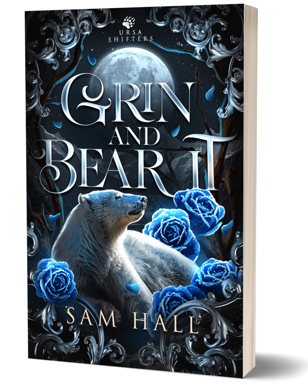 Book cover of 'Grin and Bear It' with a polar bear and blue roses on a dark background