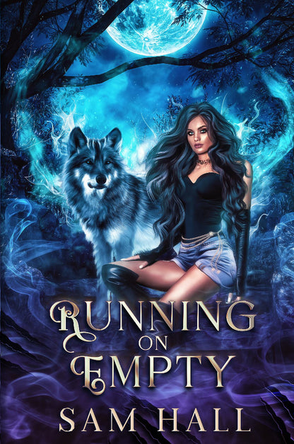 Book cover of 'Running on Empty' featuring a woman and wolf under a moonlit sky.