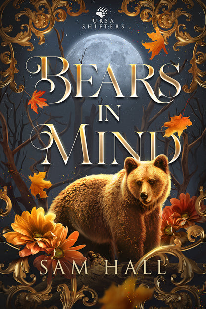 Cover of the book 'Bears In Mind' featuring an image of a bear with a backdrop of a forest and a full moon, and autumn leaves in the composition.