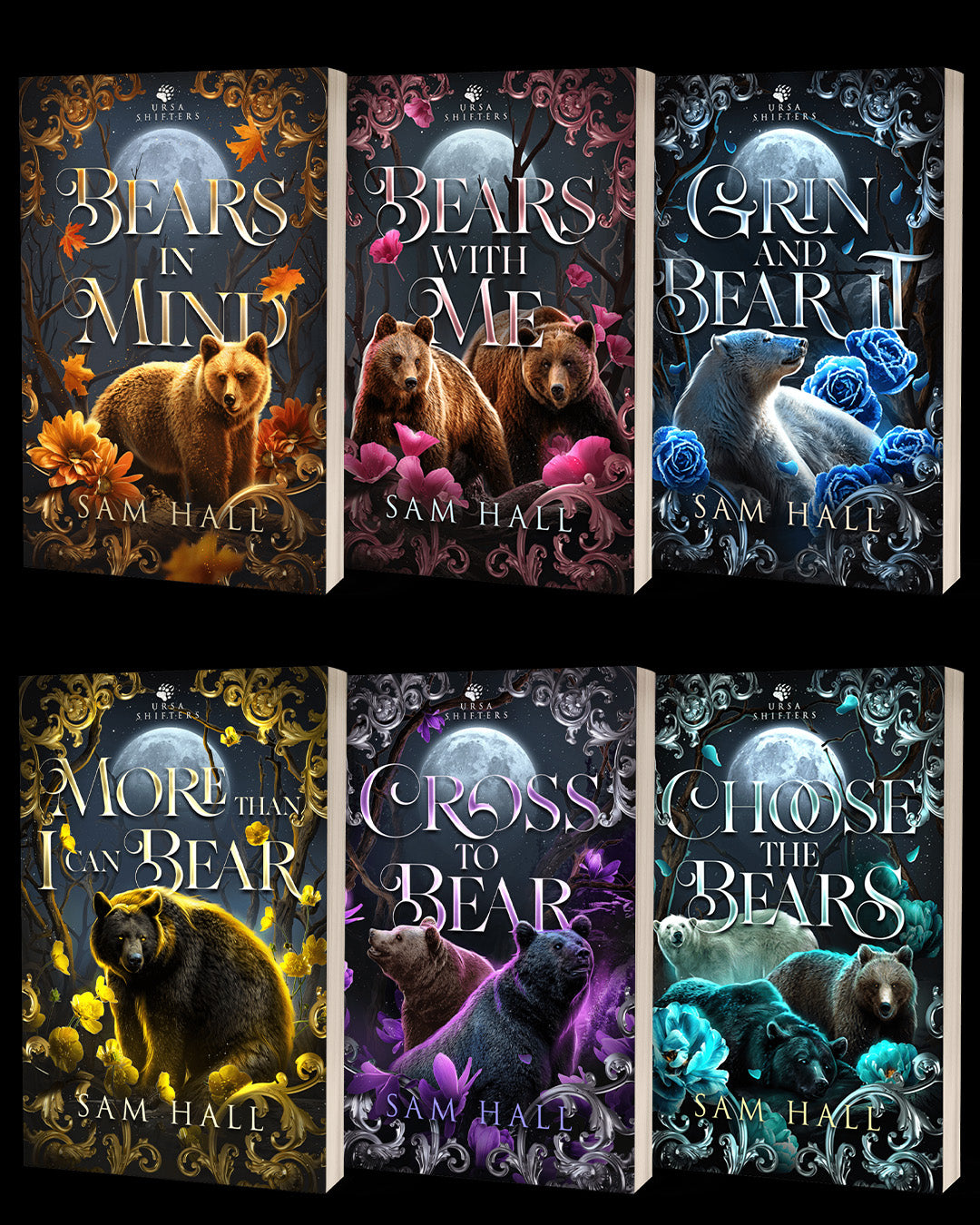 Collection of books titled 'Bears in Mind', 'Grin and Bear It', 'More than I Can Bear', 'Cross to Bear', and 'Choose the Bears' by Sam Hall.