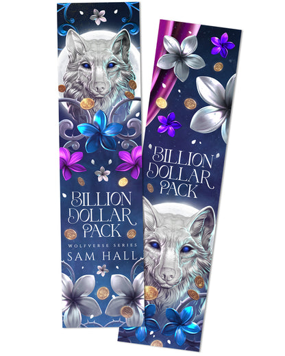Bookmarks of 'Billion Dollar Pack' with wolf illustrations and floral designs.