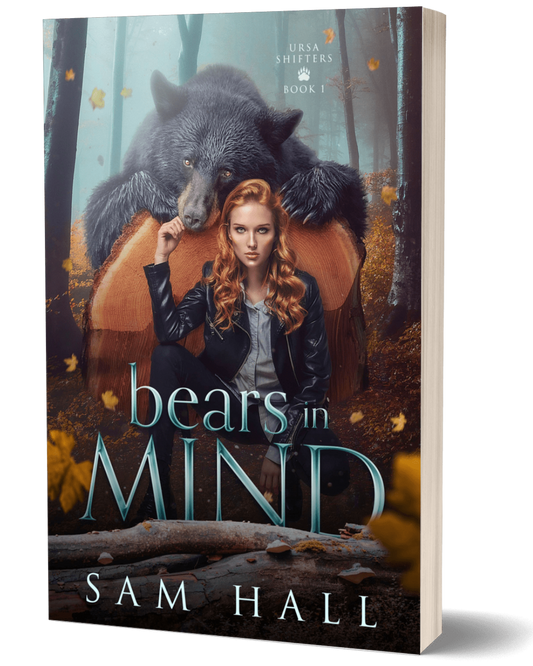 Book cover of 'Bears in Mind' featuring a woman with a wolf in a forest setting.