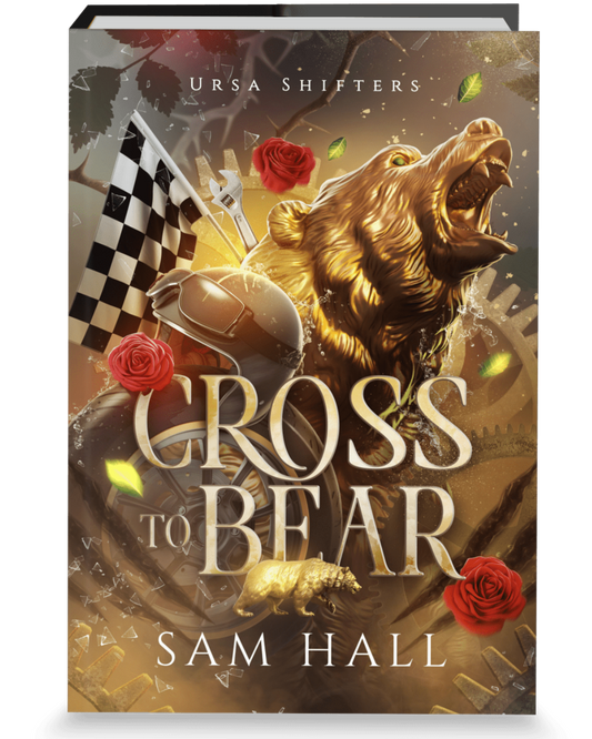 Book cover of 'Cross to Bear' by Sam Hall featuring a bear, roses, and racing elements.
