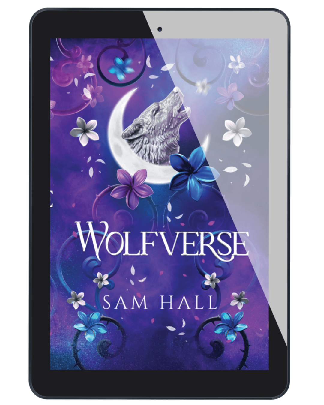 Tablet with a 'Wolfverse' book cover featuring a wolf and floral design on a purple background.
