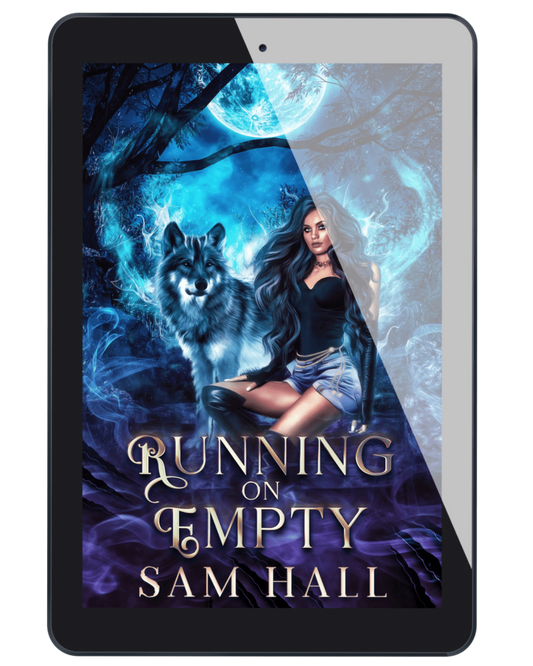 E-book cover of 'Running on Empty' by Sam Hall featuring a woman and wolf with a mystical background.