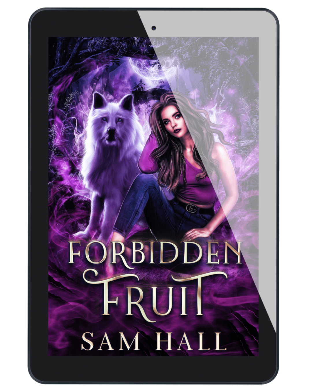 Ebook cover of 'Forbidden Fruit' by Sam Hall featuring a woman and wolf on a purple background.