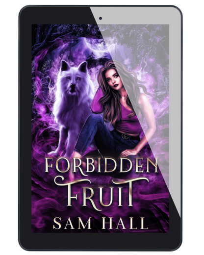 Ebook cover of 'Forbidden Fruit' by Sam Hall featuring a woman and wolf on a purple background.