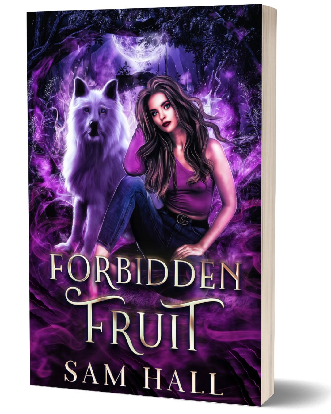 Book cover of 'Forbidden Fruit' by Sam Hall featuring a woman and wolf against a purple background