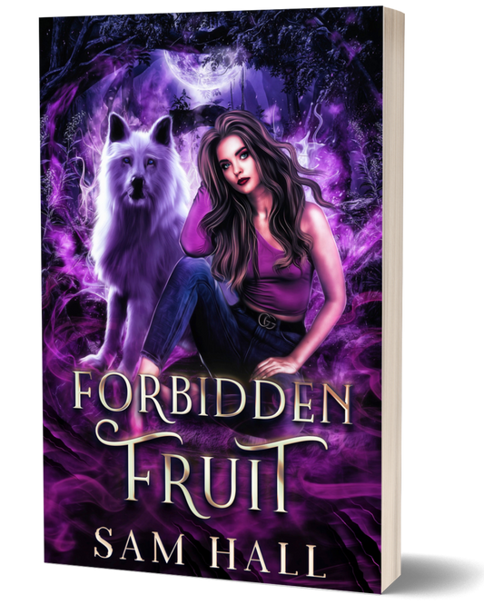 Book cover of 'Forbidden Fruit' by Sam Hall featuring a woman and wolf against a purple background