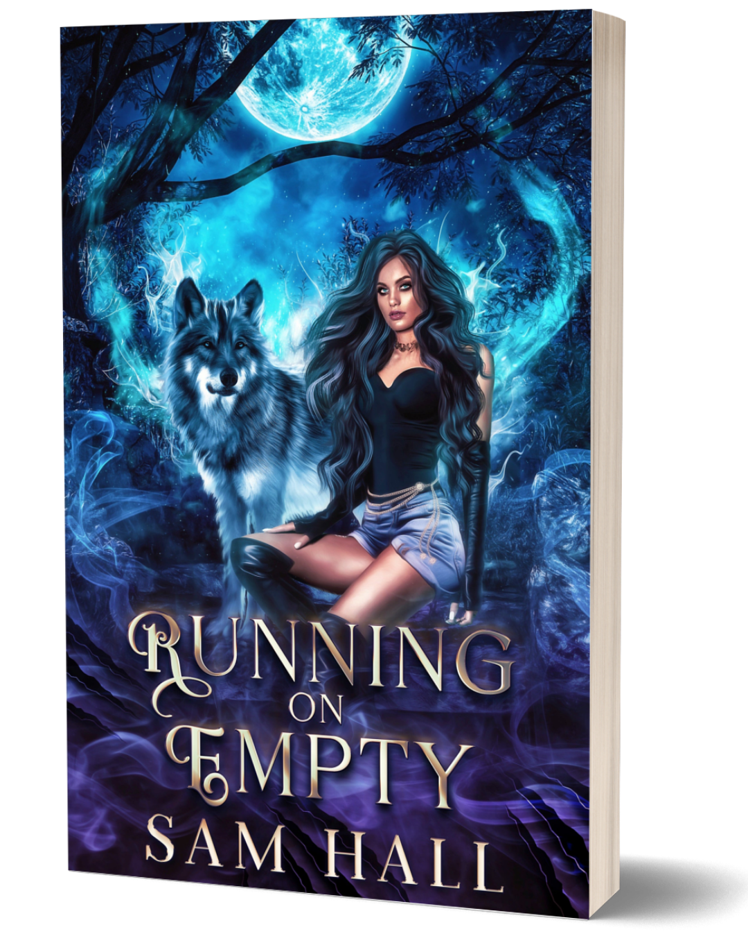 Book cover of 'Running on Empty' by Sam Hall featuring a woman and wolf in a mystical setting.