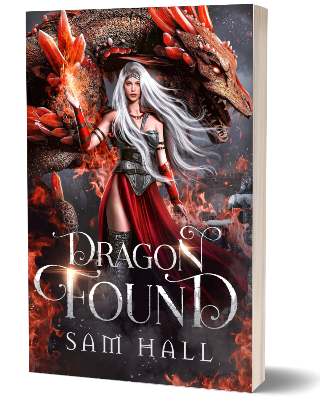 Book cover of 'Dragon Found' featuring a woman with white hair and red outfit standing next to a dragon.