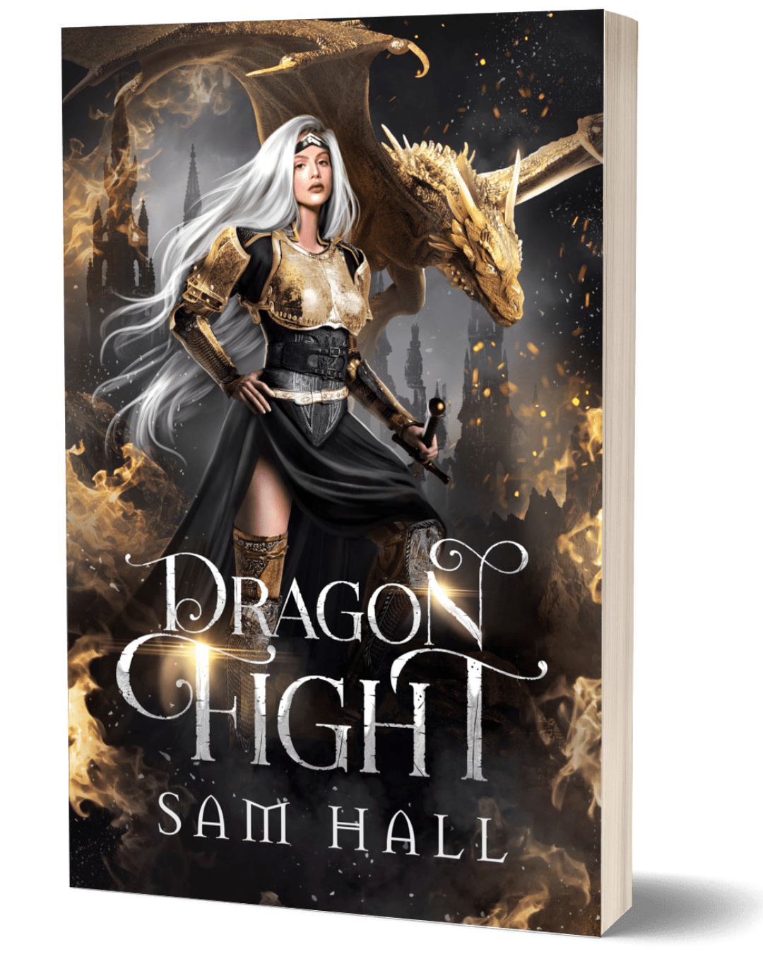 Book cover of 'Dragon Fight' by Sam Hall featuring a warrior and dragon.