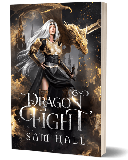 Book cover of 'Dragon Fight' by Sam Hall featuring a warrior and dragon.