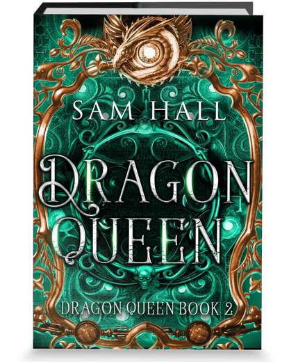 Book cover of 'Dragon Queen' by Sam Hall with decorative elements on a green background