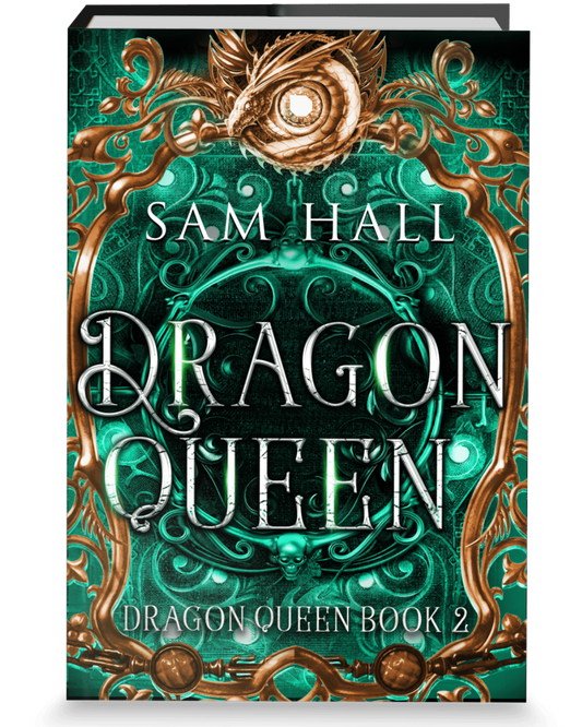 Book cover of 'Dragon Queen' by Sam Hall with decorative elements on a green background