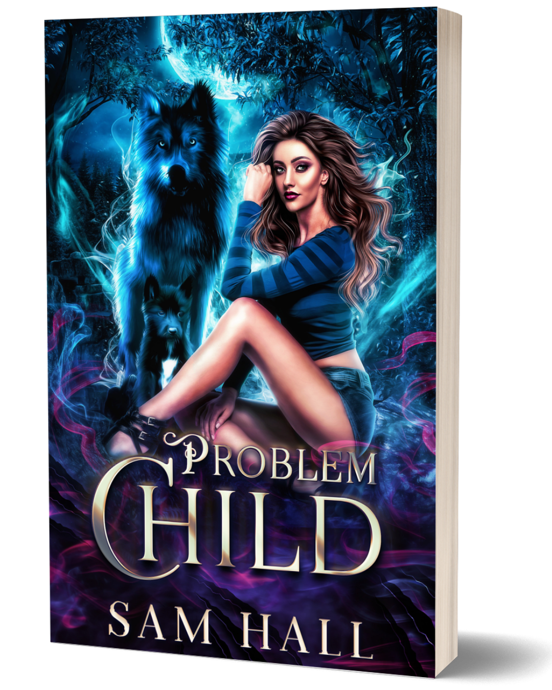 Book cover of 'Problem Child' featuring a woman and a wolf with mystical elements.