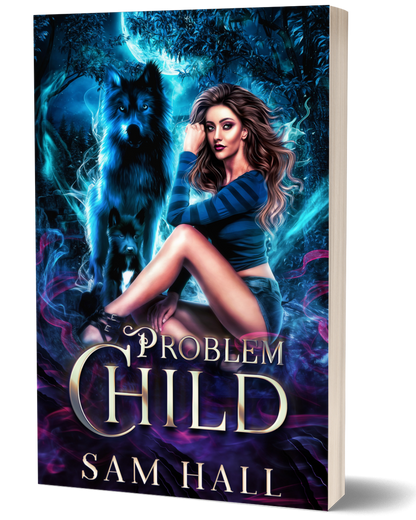 Book cover of 'Problem Child' featuring a woman and a wolf with mystical elements.