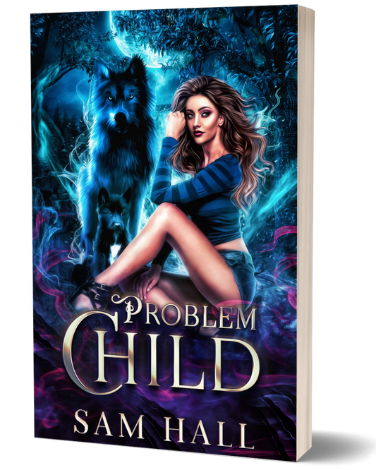 Book cover of 'Problem Child' featuring a woman and a wolf with mystical elements.