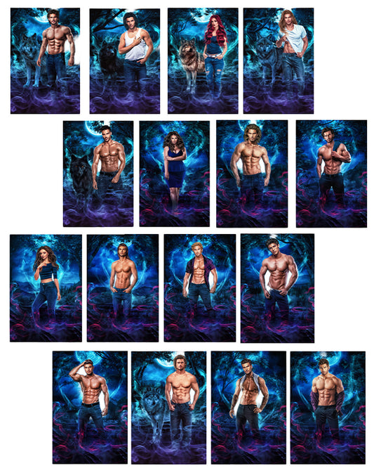 Set of 16 posters featuring muscular men and women in a fantasy setting with blue and purple hues.