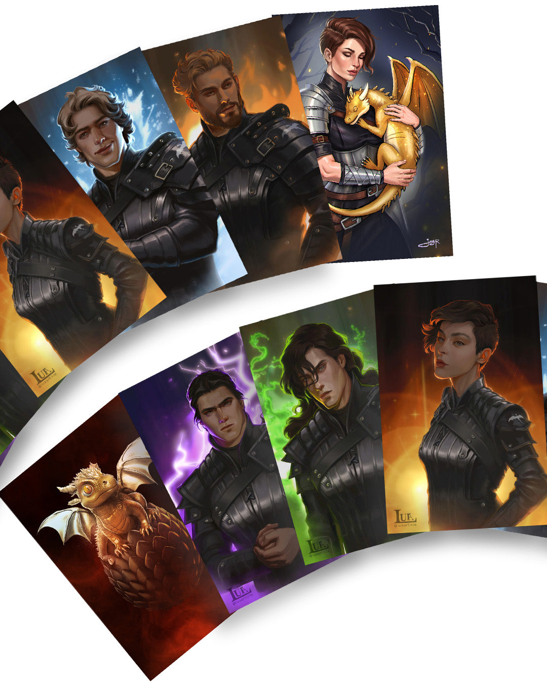 Set of illustrated character cards featuring fantasy-themed artwork.