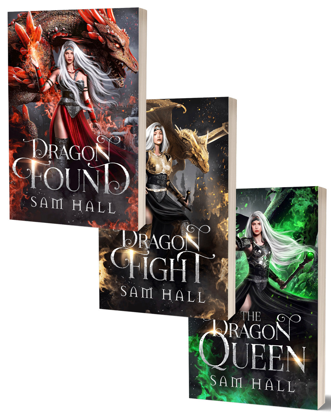 Three book covers of 'Dragon Found', 'Dragon Fight', and 'The Dragon Queen' by Sam Hall on a white background.