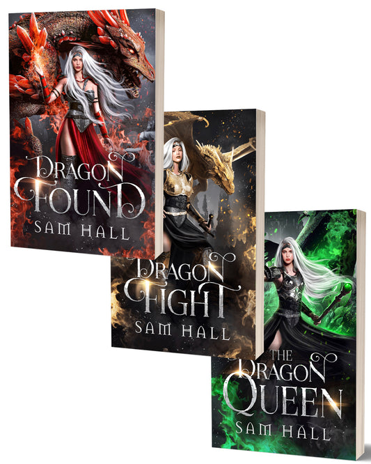 Three book covers of 'Dragon Found', 'Dragon Fight', and 'The Dragon Queen' by Sam Hall on a white background.
