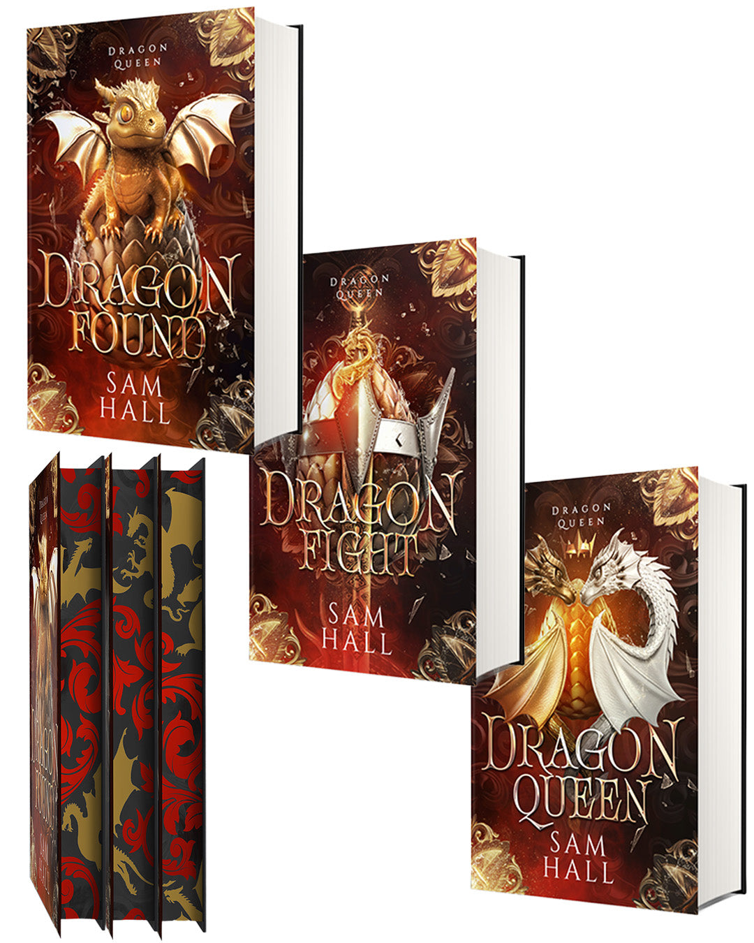 Collection of books titled 'Dragon Found', 'Dragon Fight', and 'Dragon Queen' by Sam Hall with dragon-themed covers.