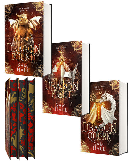Collection of books titled 'Dragon Found', 'Dragon Fight', and 'Dragon Queen' by Sam Hall with dragon-themed covers.