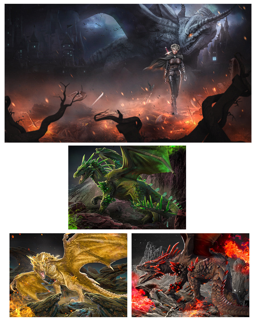 Collage of fantasy dragons and a warrior in a dark, apocalyptic landscape.
