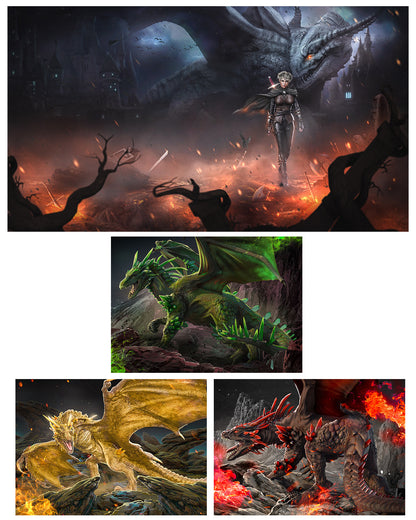 Collage of fantasy dragons and a warrior in a dark, apocalyptic landscape.